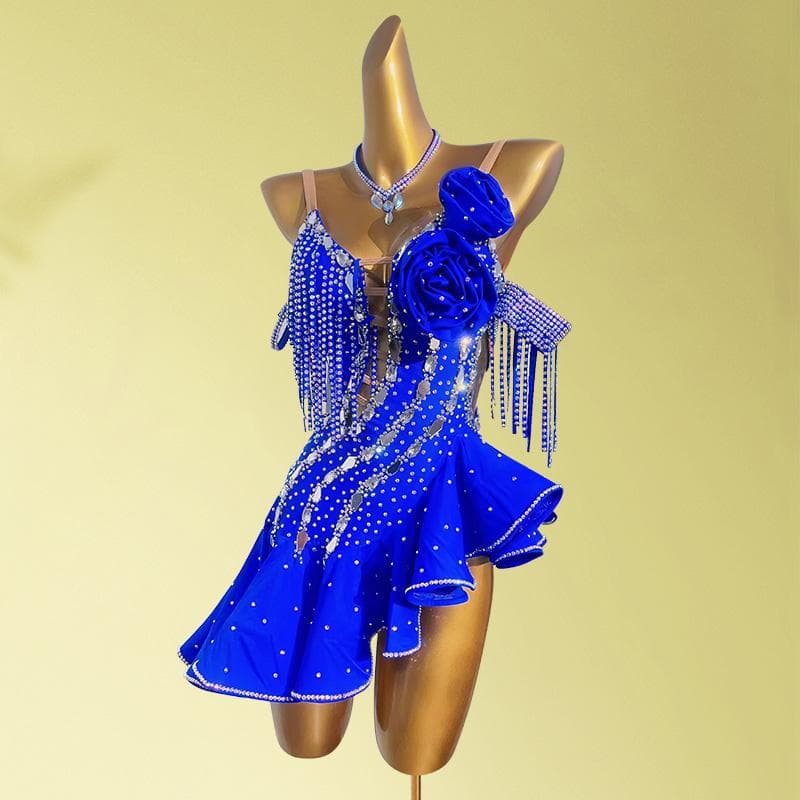 ラテンドレス 高級競技用 ワンショルダー フリル ワンピース ステージ衣 競技会