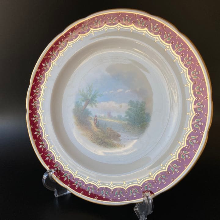 ミントン　バーガンディレッド　風景絵図飾皿　エナメル七宝金彩装飾　プレート　大皿