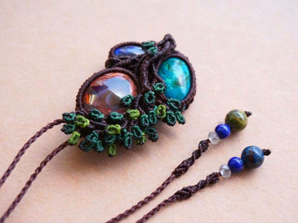 カンテラオパール　クリソコラ　ラブラドライト　マクラメ　ネックレス