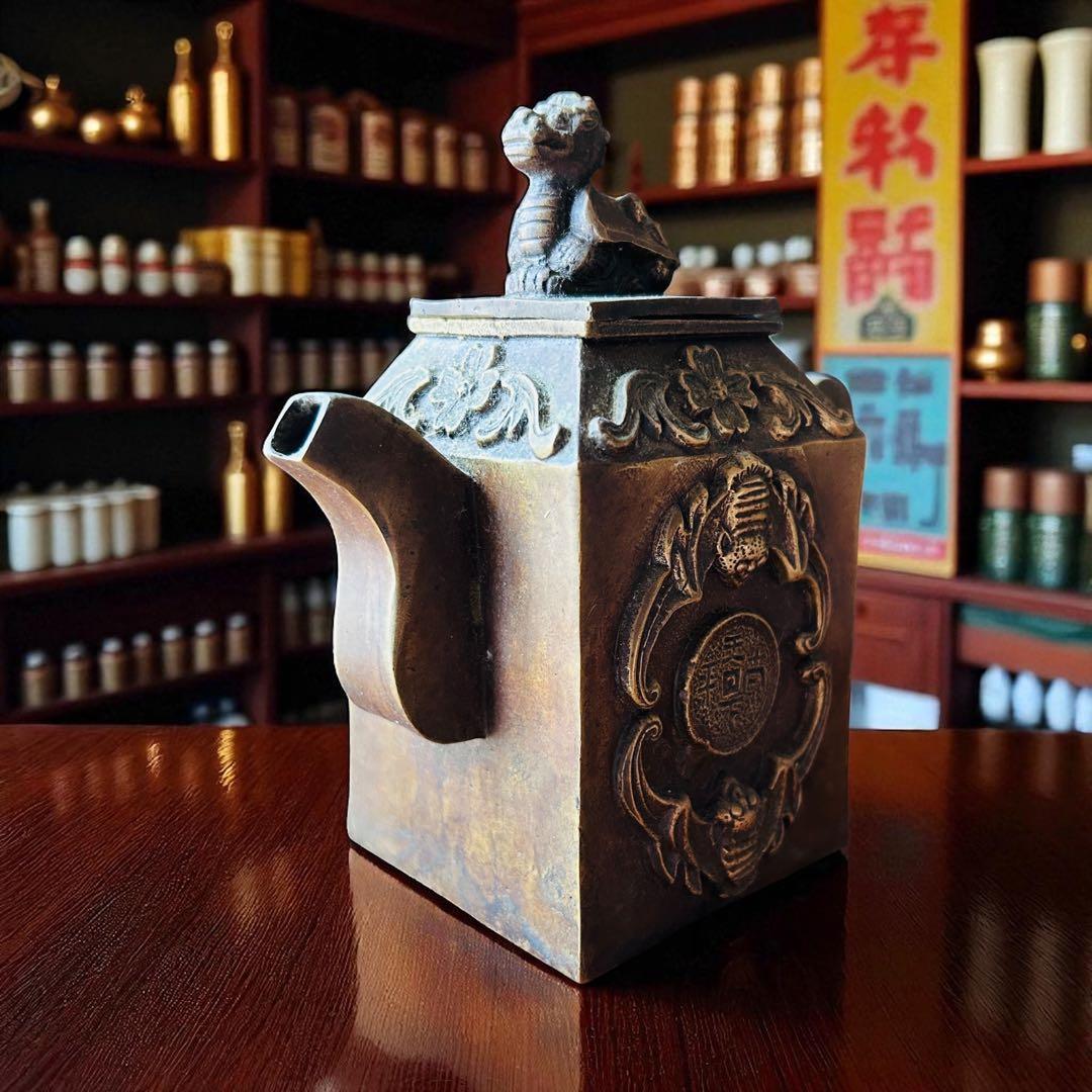 中国古美術 貔貅 嘉慶通寶蝙蝠 瑞獣文 縁起古銅急須 金運招来 書道具 墨壺水滴