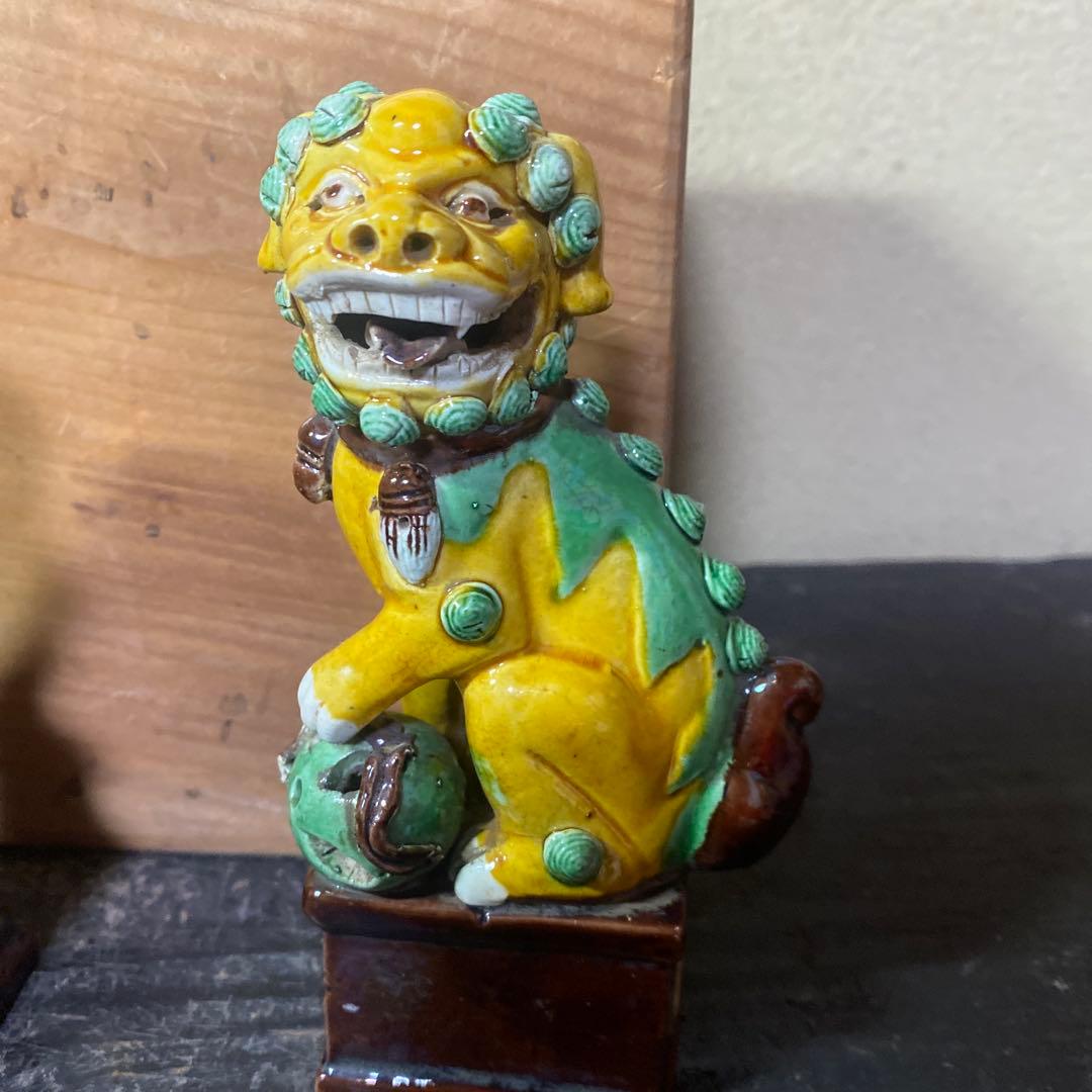 中国古玩　唐獅子一対【桐箱付】