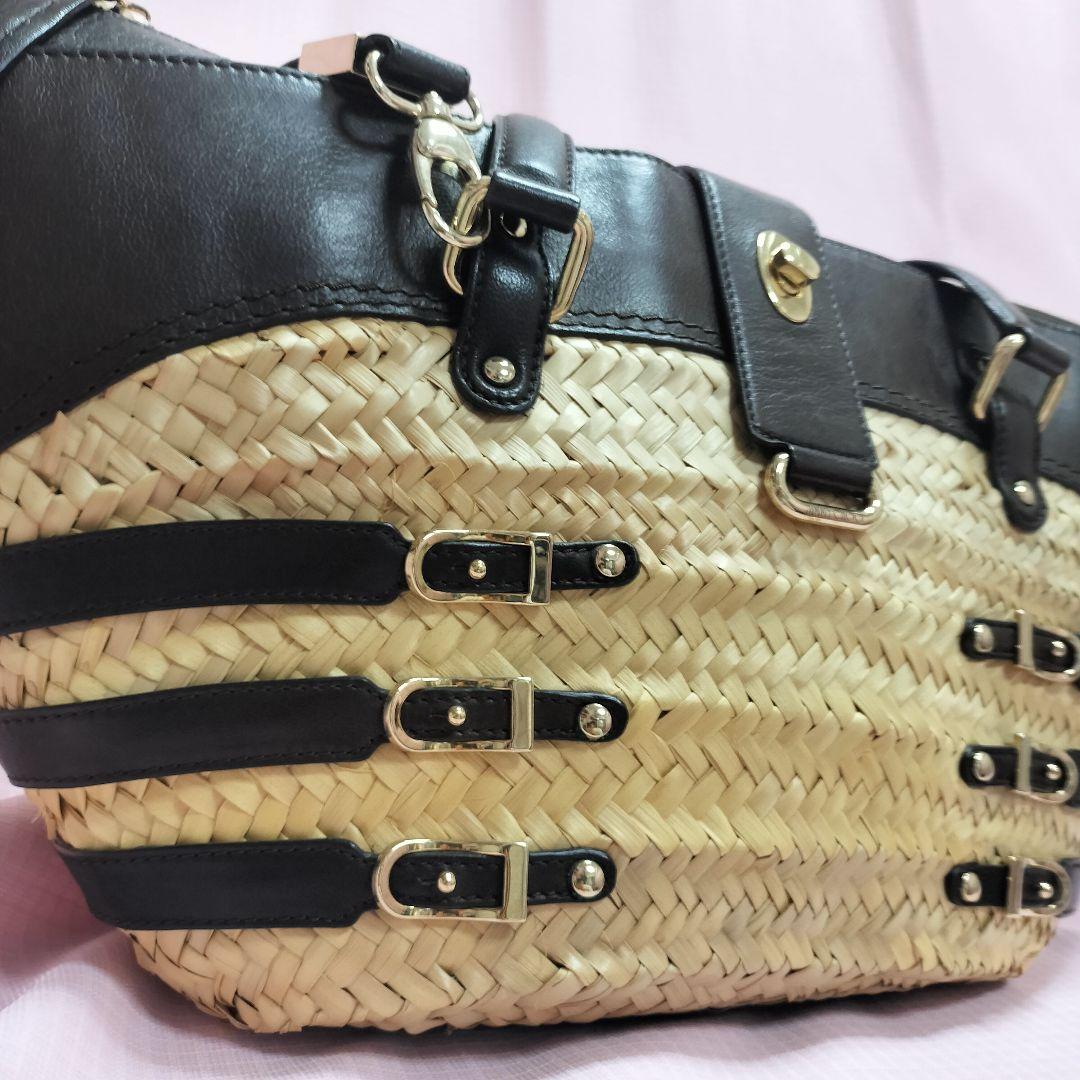 美品 JIMMY CHOO ストロー レザー トートバッグ かごバッグ 舟形