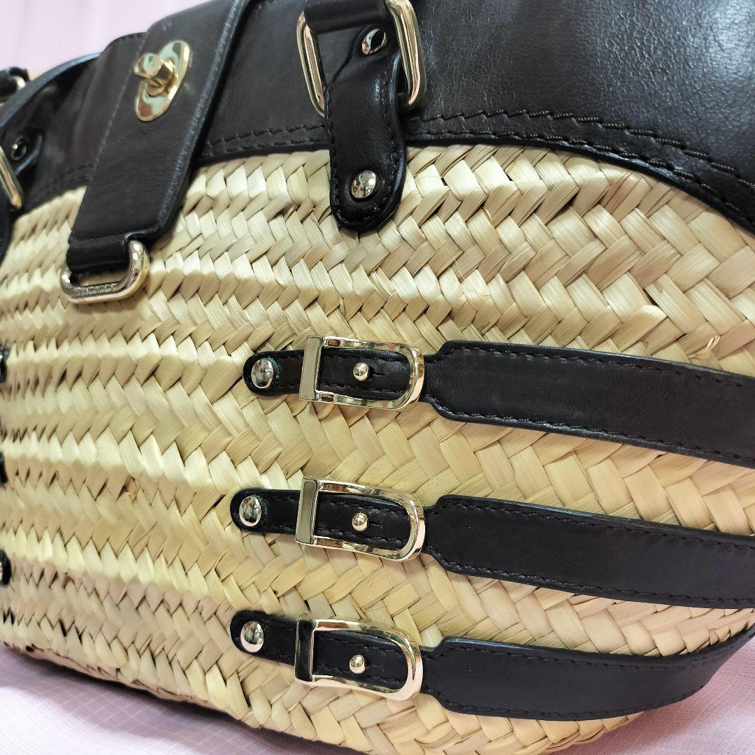 美品 JIMMY CHOO ストロー レザー トートバッグ かごバッグ 舟形