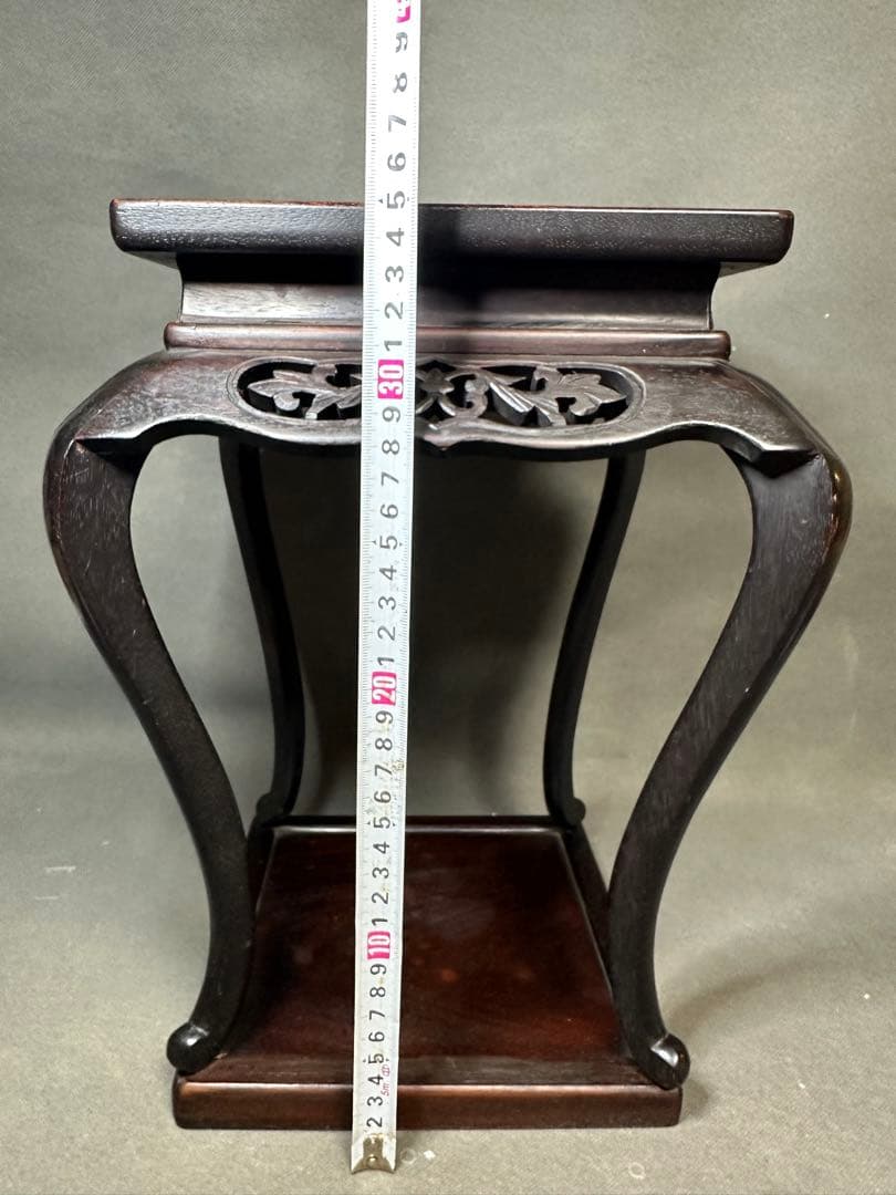 紫檀　唐草透彫　四方高脚花台　唐木二重天板如意巻足飾台　盆栽台　高卓アンティーク