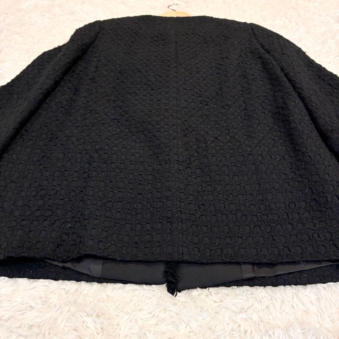 ANAYI ミックスツイード ノーカラー ハーフジャケット パールボタン 黒