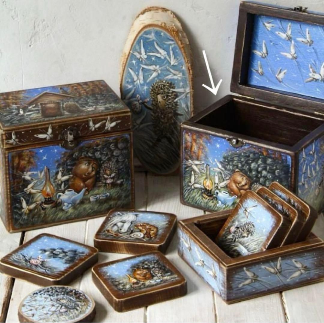 ロシア雑貨☆『霧の中のハリネズミ』木製収納box 小物入れ マトリョーシカ