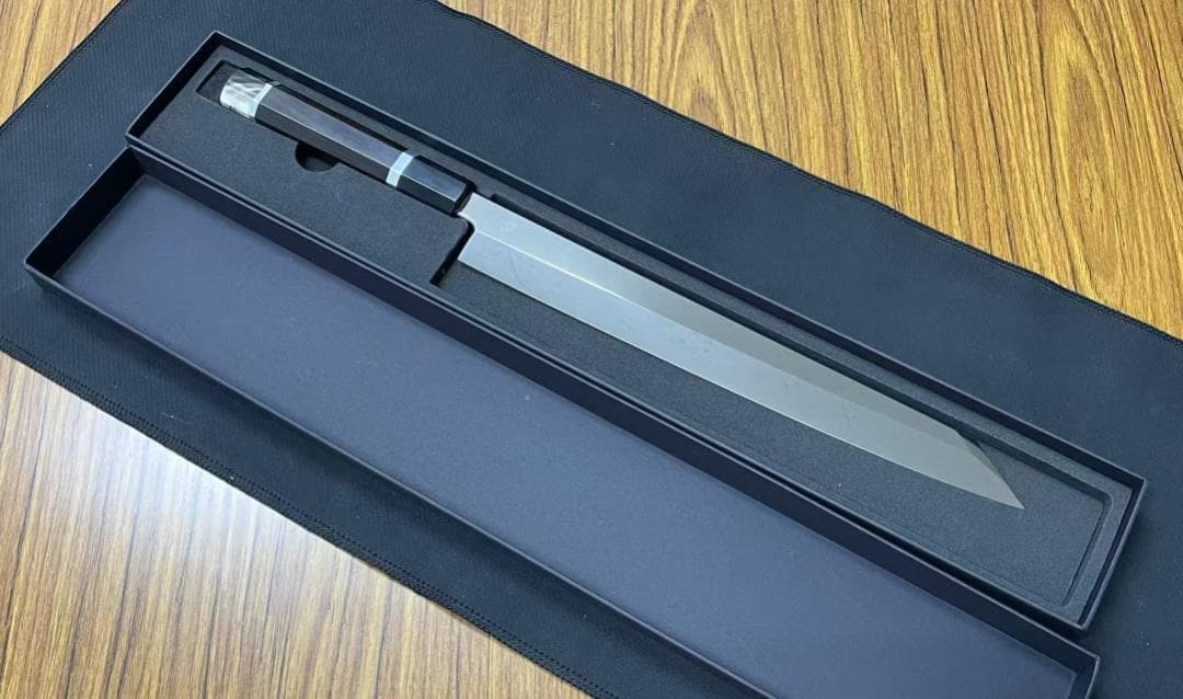 期間限定 7392 切付柳刃包丁 尺 ウルトラ鏡面仕上げ 黒檀水牛二本銀巻八角柄