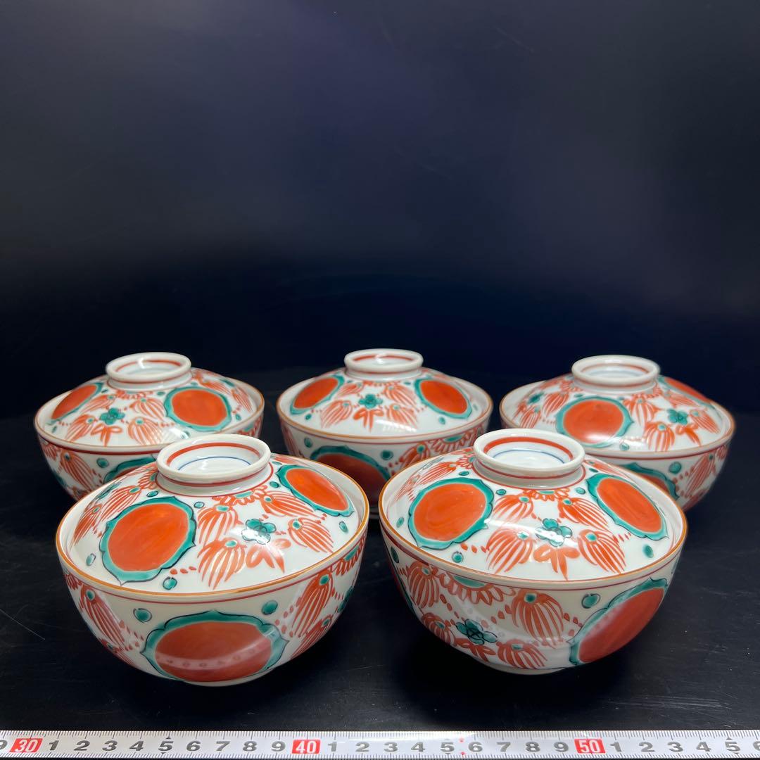 平安馬場京泉　穎川写赤絵蓋向付5客　共箱　身口径12.4㎝東Y7-0926⭐︎2F