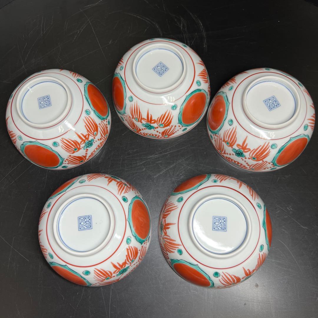 平安馬場京泉　穎川写赤絵蓋向付5客　共箱　身口径12.4㎝東Y7-0926⭐︎2F