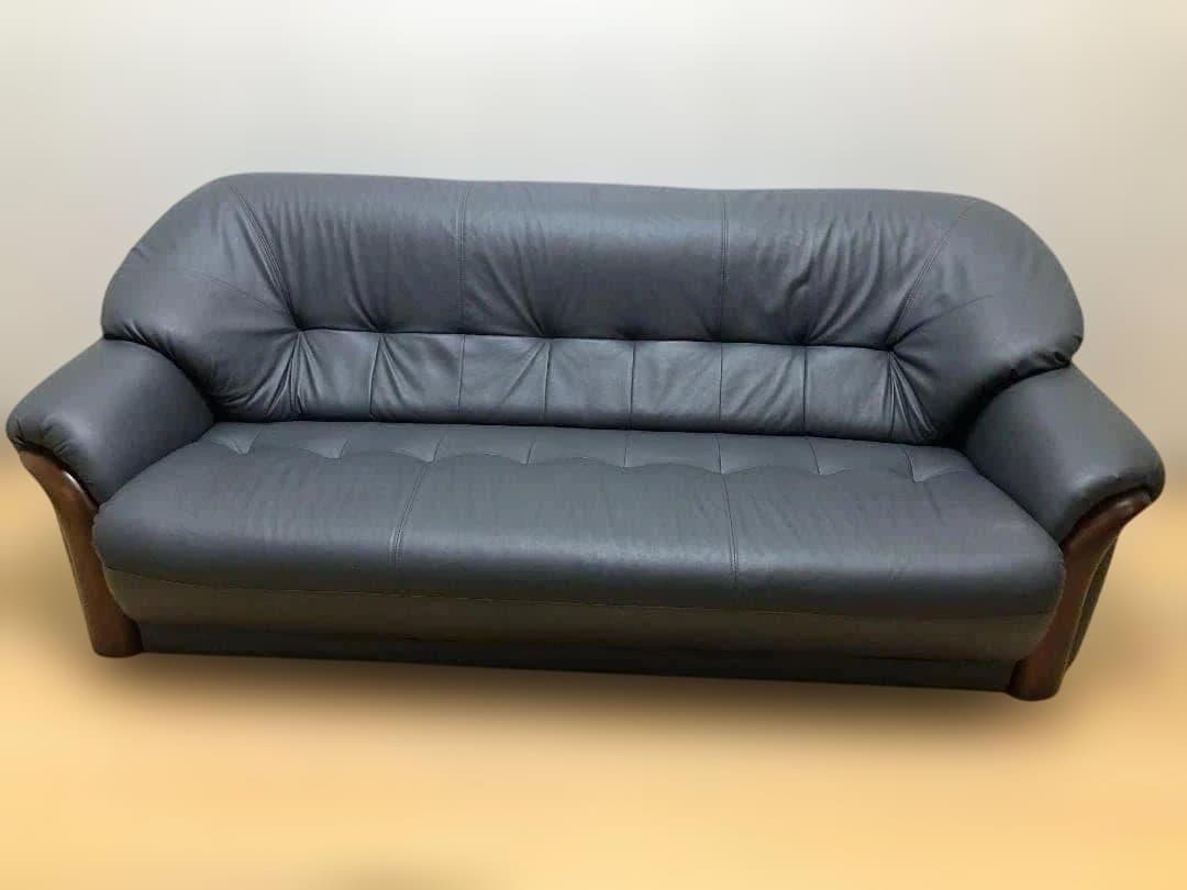 送料無料 3人掛け ソファ 合成皮革 ダークグレー 木製肘掛 75032-1-