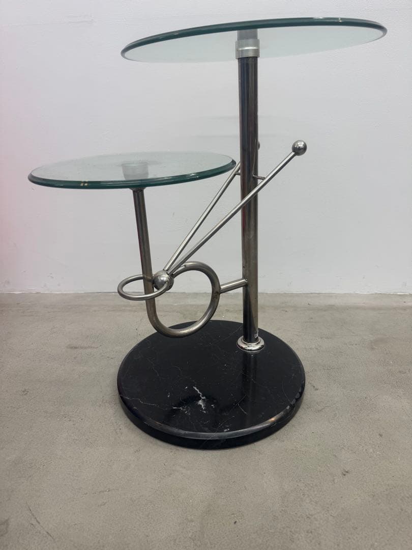 サイドテーブル ガラス ラウンド 丸 2段 ミッドセンチュリー ポストモダン