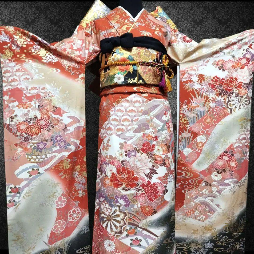 振袖フルセット(6点)・古典柄・金銀彩加工・暈し染め・高級手縫い・逸品・正絹