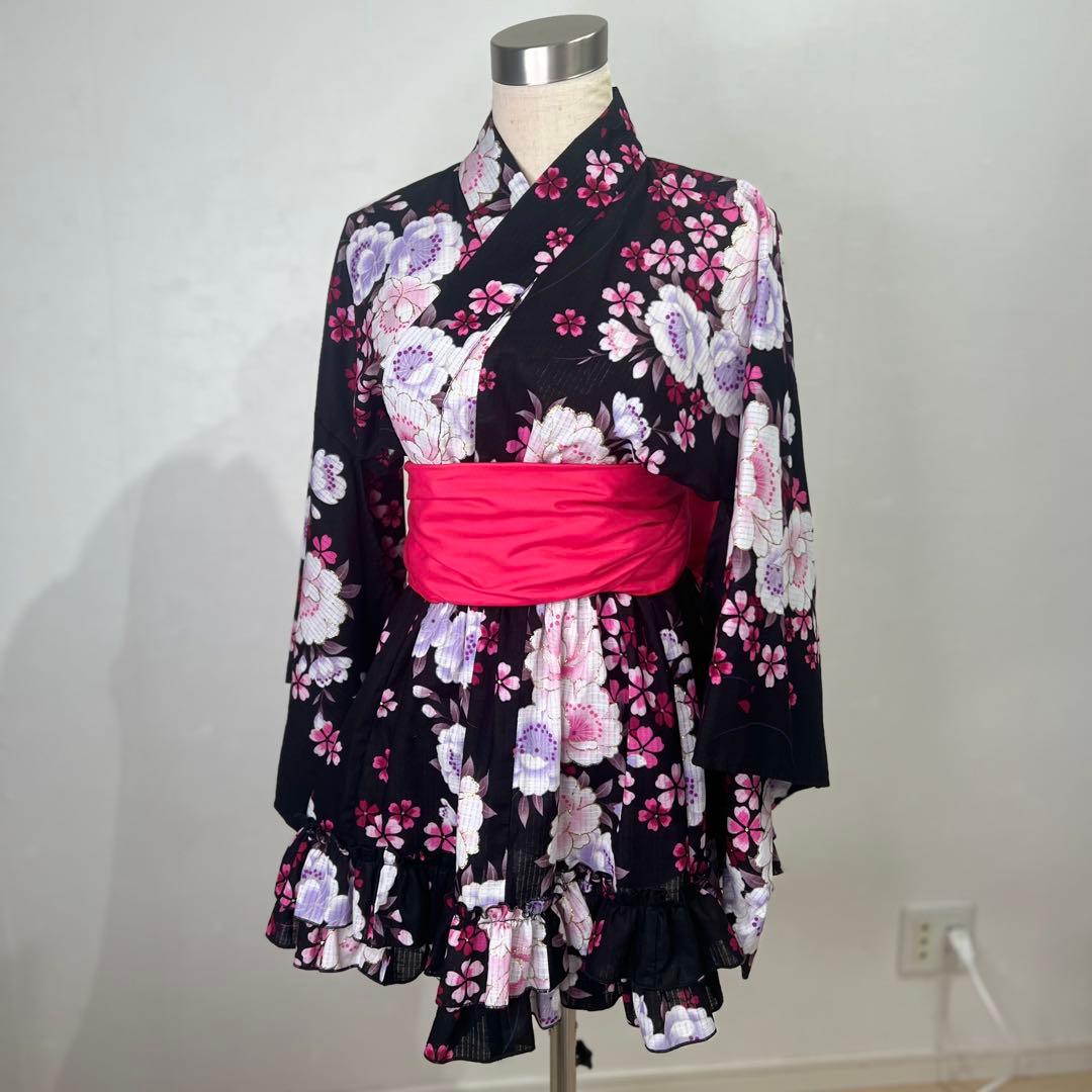 浴衣ドレス 黒ピンク 兵児帯セット 地雷ギャル 平成ギャル