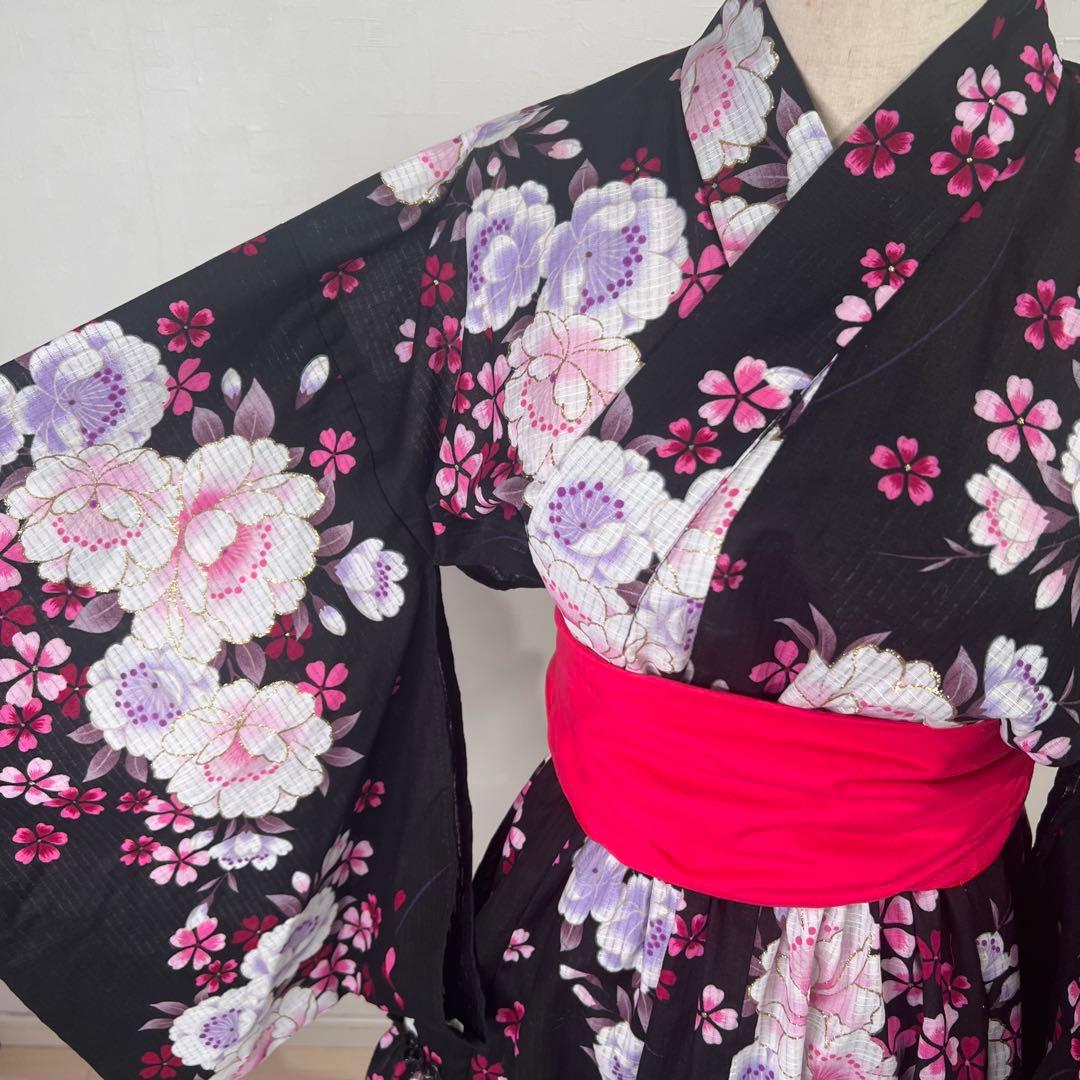 浴衣ドレス 黒ピンク 兵児帯セット 地雷ギャル 平成ギャル