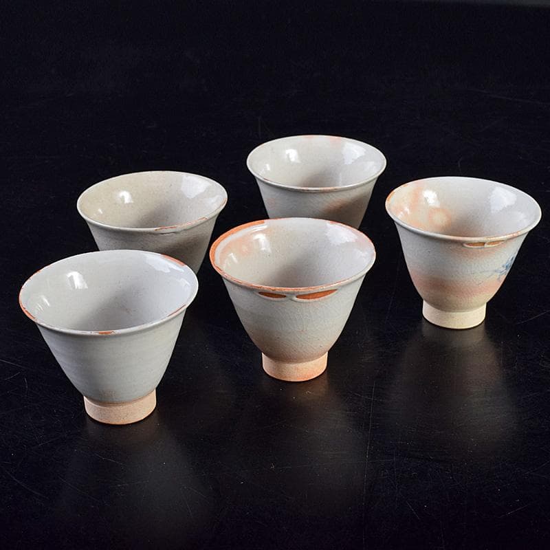 煎茶道具　虫明焼　蟹文　煎茶碗　五客　箱蓋無し　V　R8756