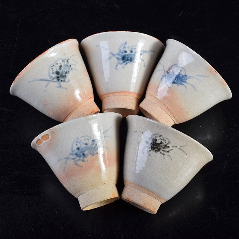 煎茶道具　虫明焼　蟹文　煎茶碗　五客　箱蓋無し　V　R8756