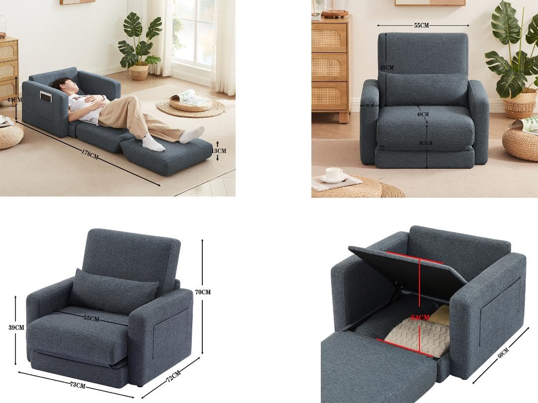 【ブルー】ソファーベッド 折りたたみベッド ローソファー シングルソファーベッド