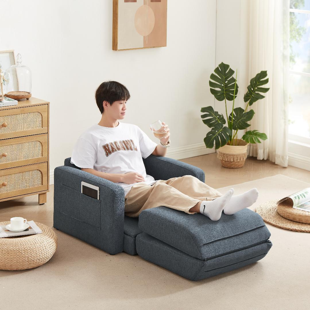 【ブルー】ソファーベッド 折りたたみベッド ローソファー シングルソファーベッド