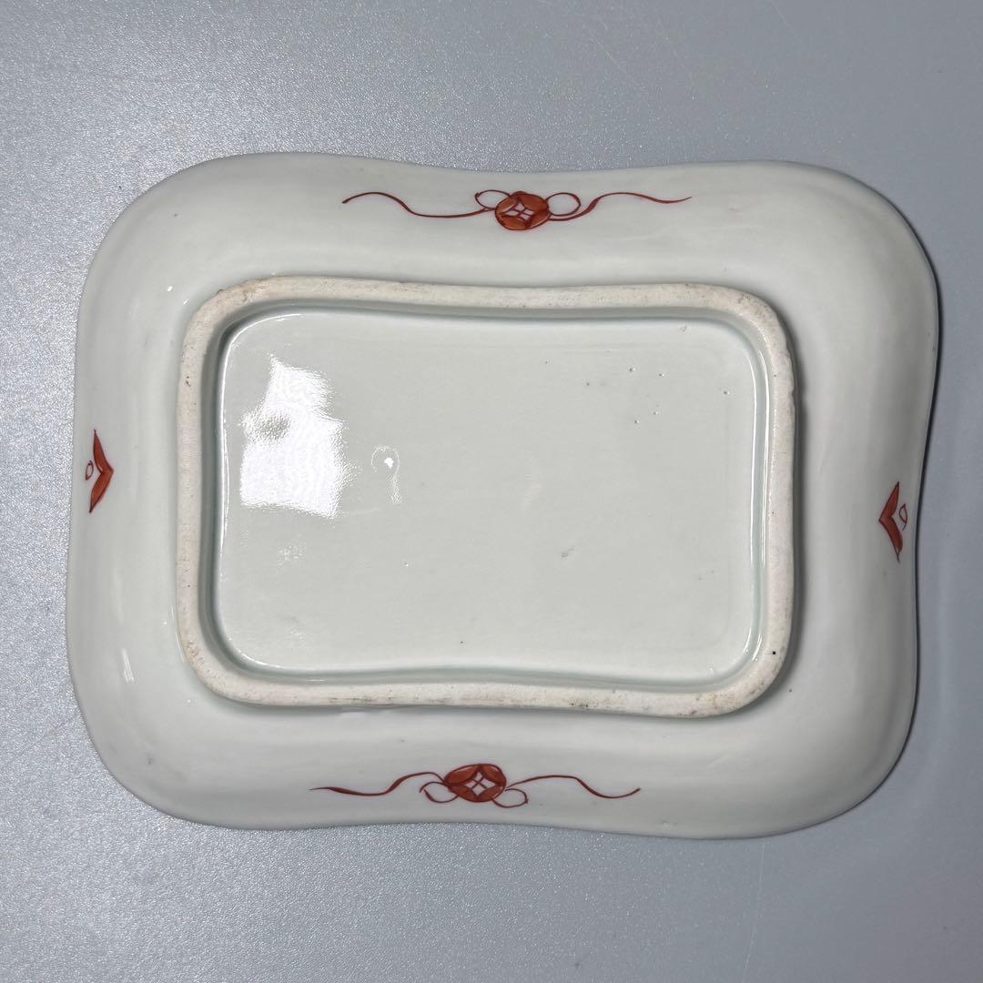 幕末〜明治期　古伊万里　色絵丸文様陽刻四方角皿　五枚　裏赤絵七宝文様　器を楽しむ