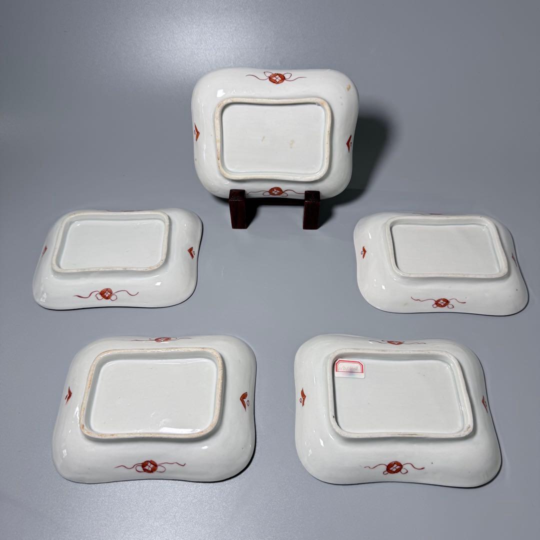 幕末〜明治期　古伊万里　色絵丸文様陽刻四方角皿　五枚　裏赤絵七宝文様　器を楽しむ