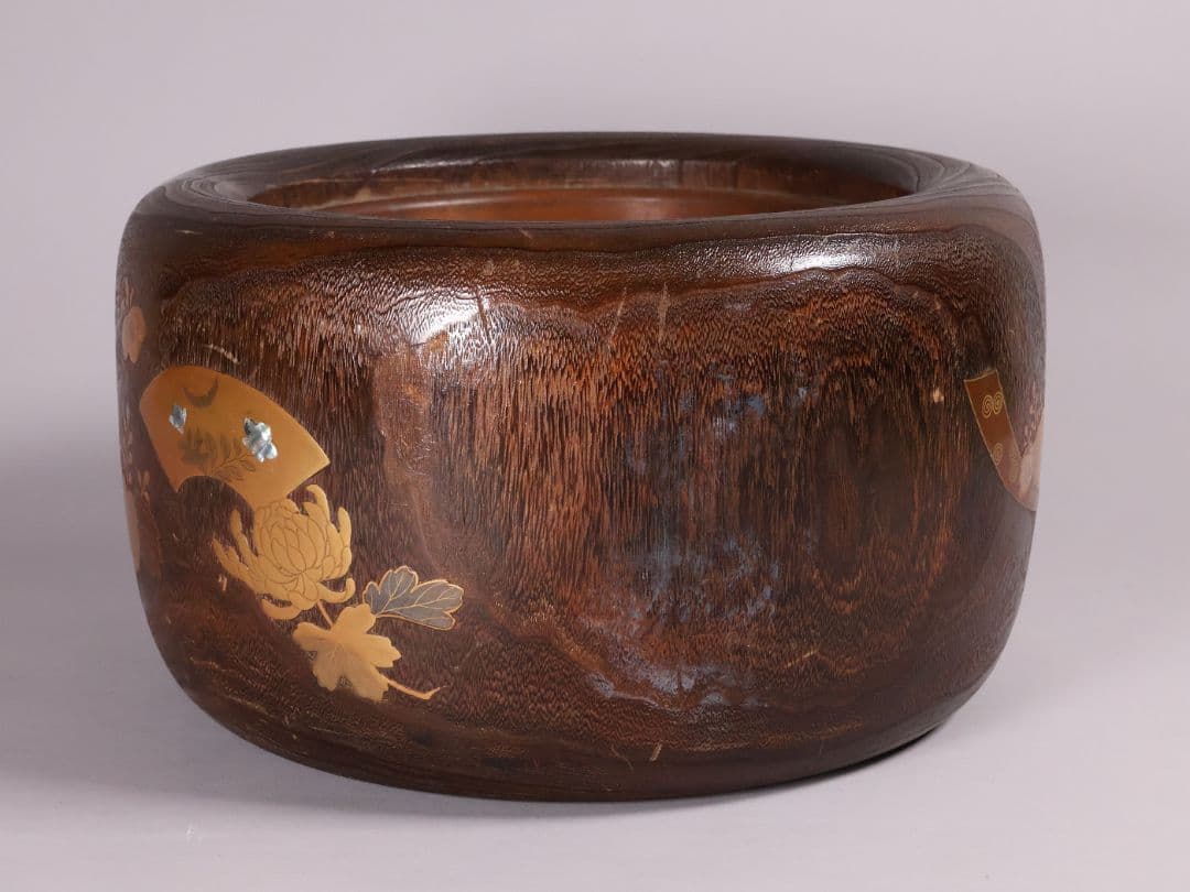 尺参 桐火鉢 金蒔絵 螺鈿細工 幅38.8cm 桐紋 菊 草花 扇面【MB31】