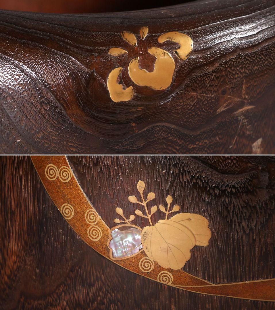 尺参 桐火鉢 金蒔絵 螺鈿細工 幅38.8cm 桐紋 菊 草花 扇面【MB31】