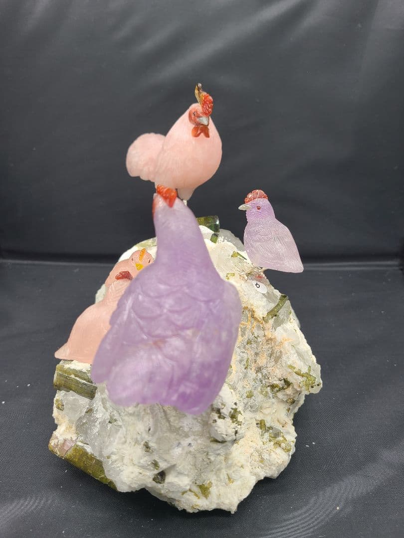 天然石彫刻 にわとり一家