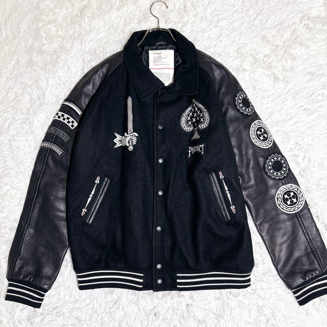 希少 00s PRODUCT 袖レザー スタジャン 刺繍 L ブラック レア