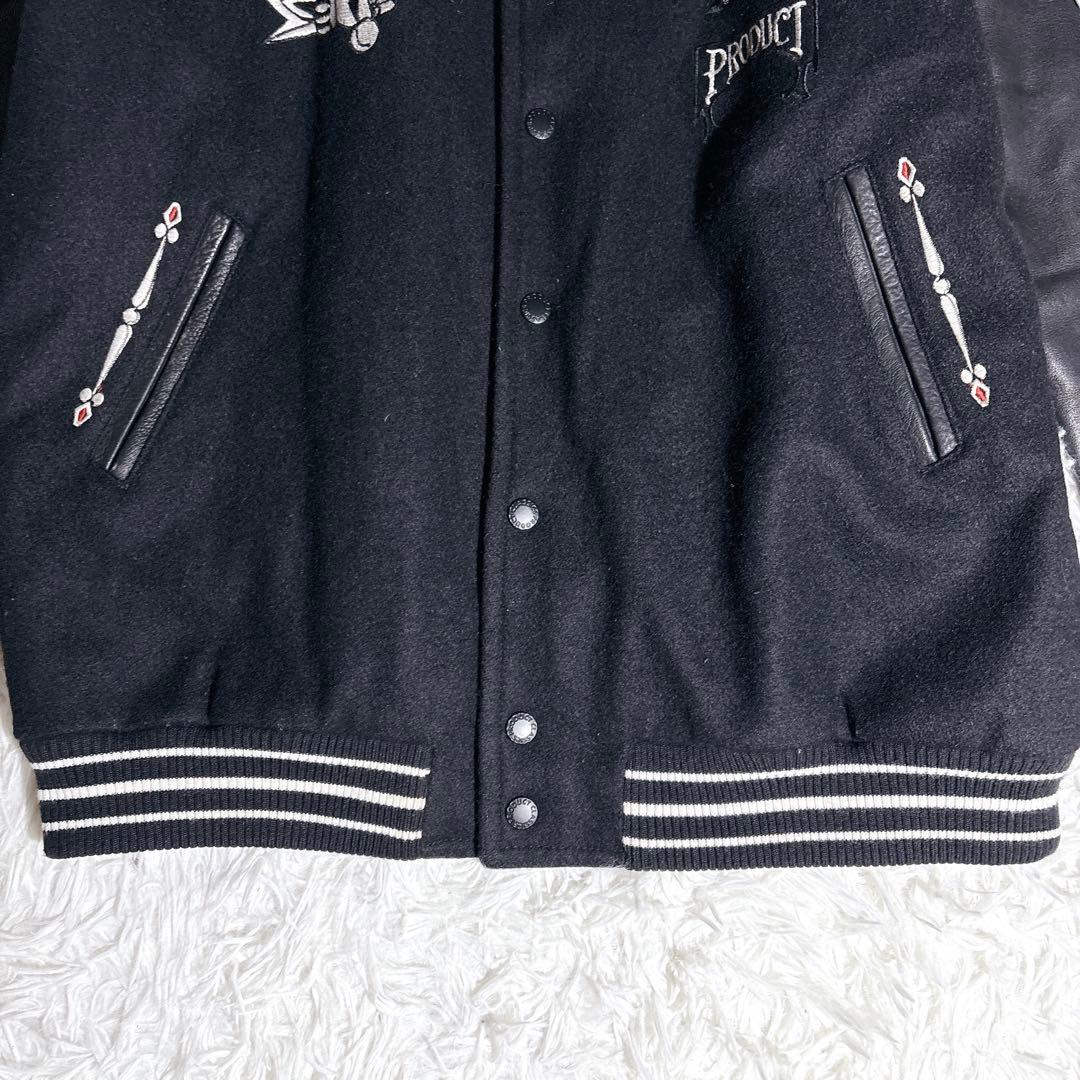 希少 00s PRODUCT 袖レザー スタジャン 刺繍 L ブラック レア