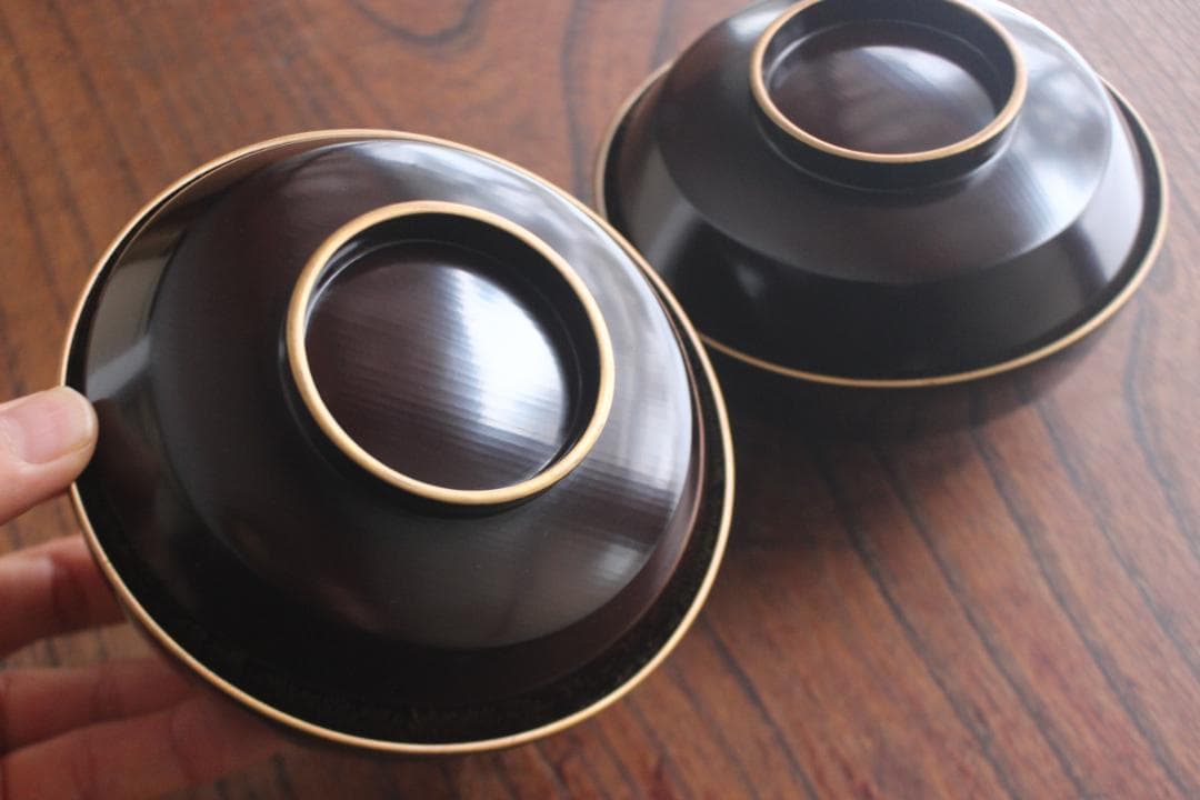 デッドストック！時代金縁黒漆に極上見返し菊詰沈金の映えるお椀2点（検輪島塗沈金椀