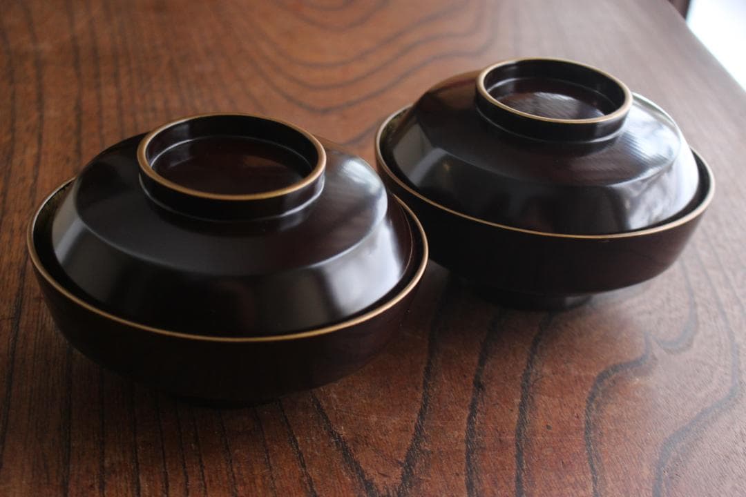 デッドストック！時代金縁黒漆に極上見返し菊詰沈金の映えるお椀2点（検輪島塗沈金椀