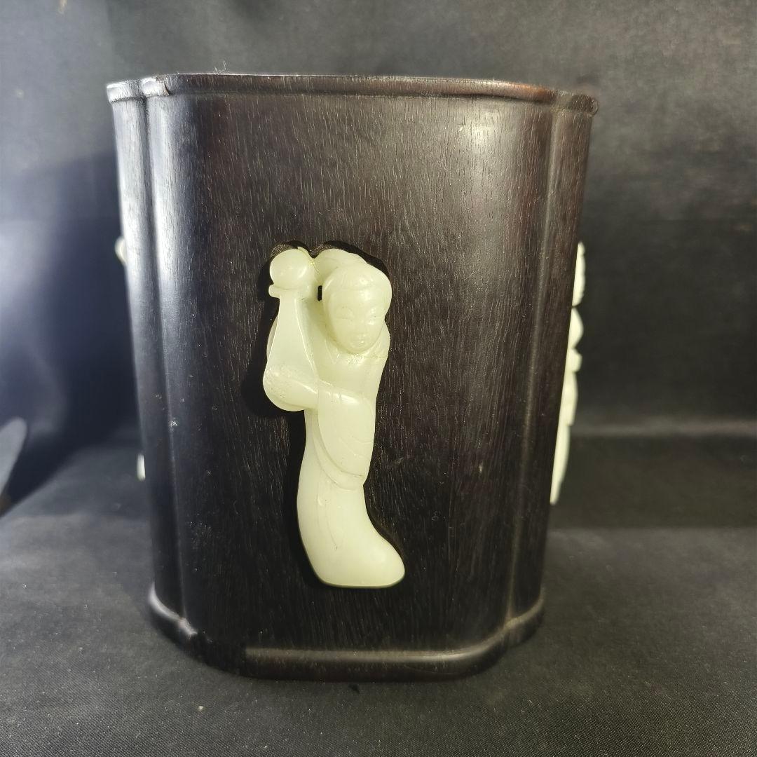 中国骨董 紫檀筆筒 白玉彫仕女図象嵌 古美術 アンティーク 旧家蔵出 蒐集家放出