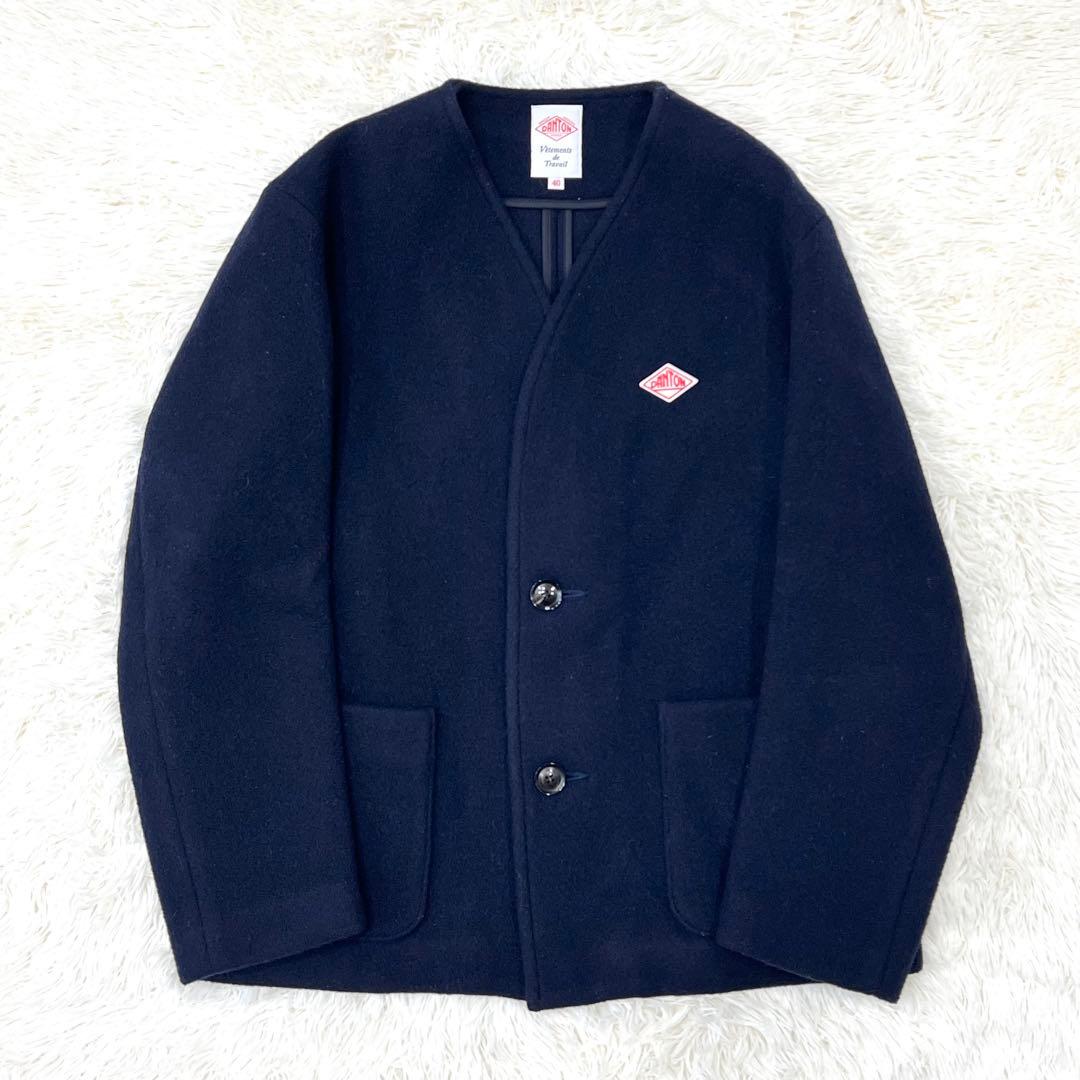 【ダントン】 ウールモッサ Vネック ノーカラー ジャケット 40 ネイビー