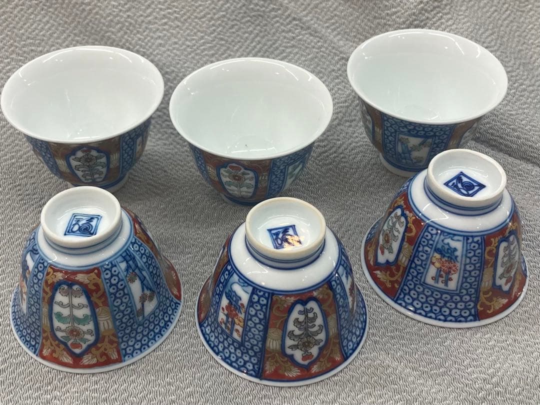 B97s  柿右衛門窯　煎茶碗 6客　松竹梅に菊図　「福」銘　箱無し