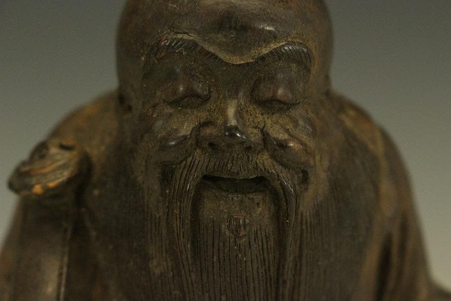 中国美術 竹根 刻 如意手 寿老人 置物 高15.8cm(A270)