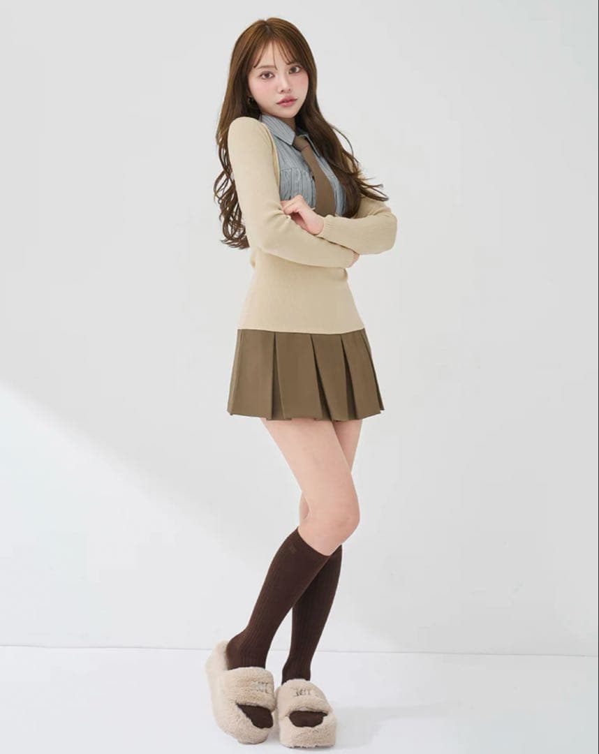 Darich ダーリッチ　ネクタイシャツドッキングニットミニワンピース　ブラウン