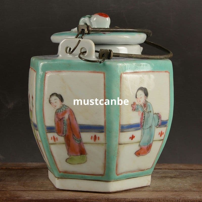 手画六方粉彩窓を開けて仕女紋提梁壺 急須 煎茶器 茶道具 装飾品 現代工芸品置物