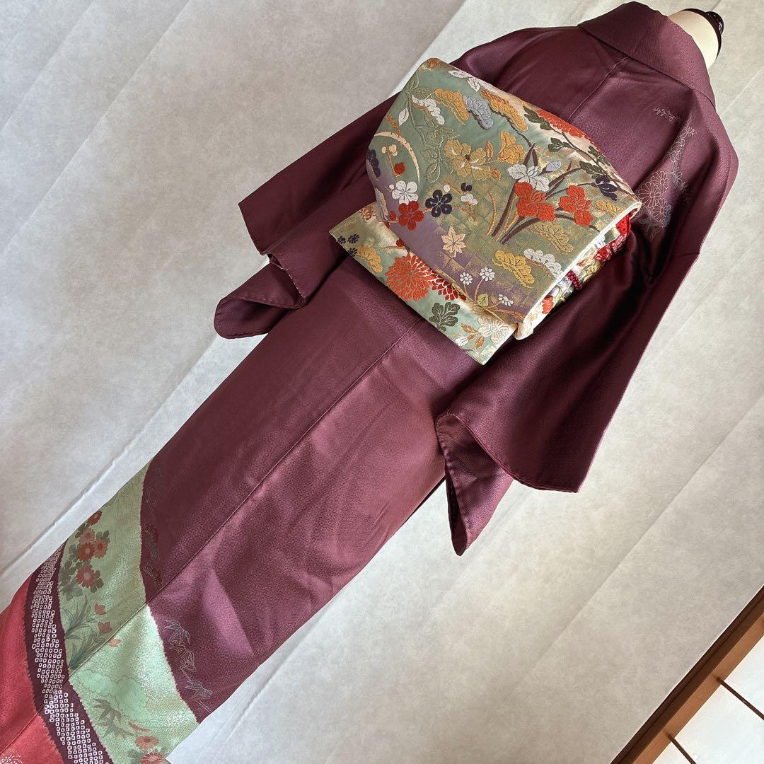 A*e様 訪問着　フルセット　着物　正絹　絞り　金駒刺繍　紫　結婚式　祝い　 J