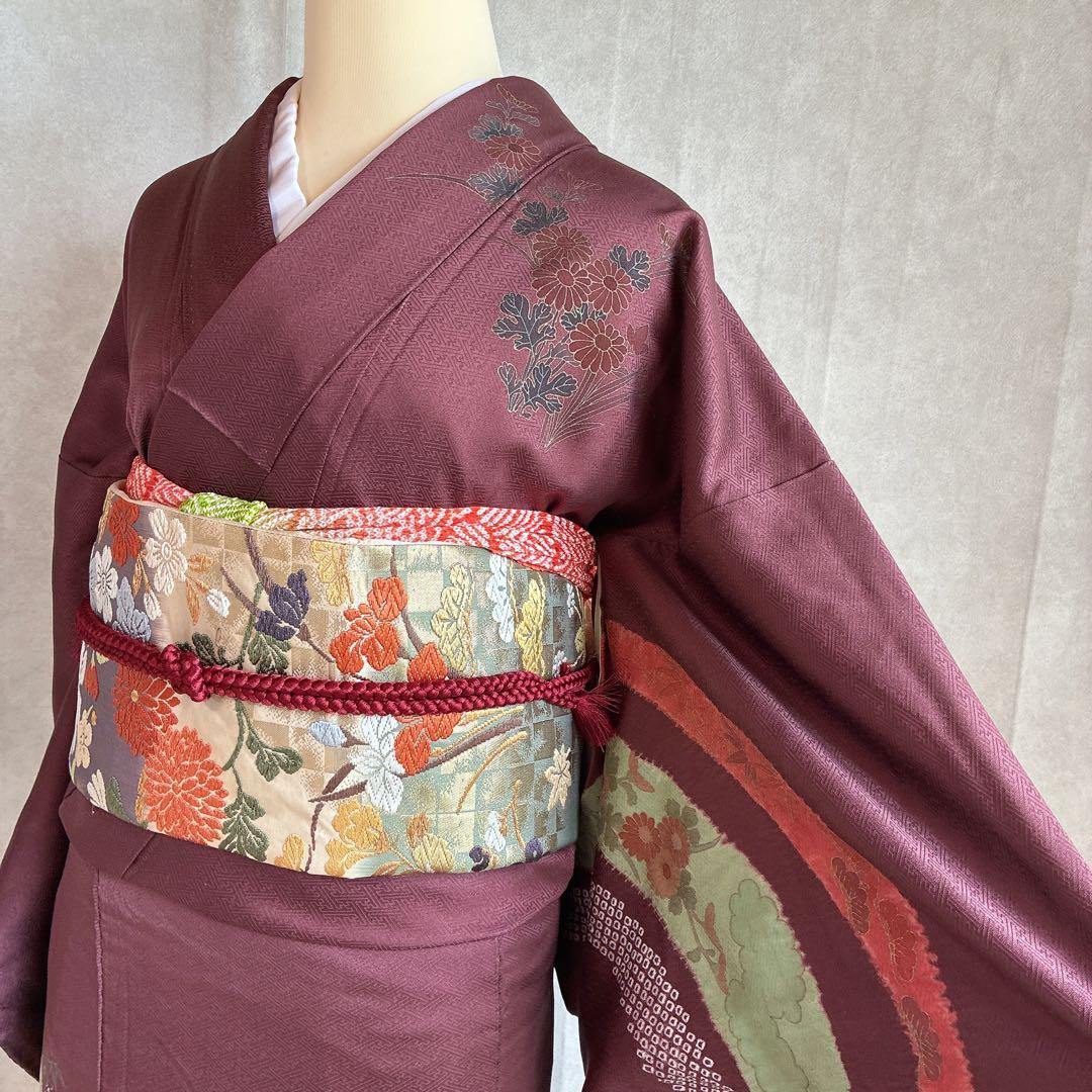 A*e様 訪問着　フルセット　着物　正絹　絞り　金駒刺繍　紫　結婚式　祝い　 J