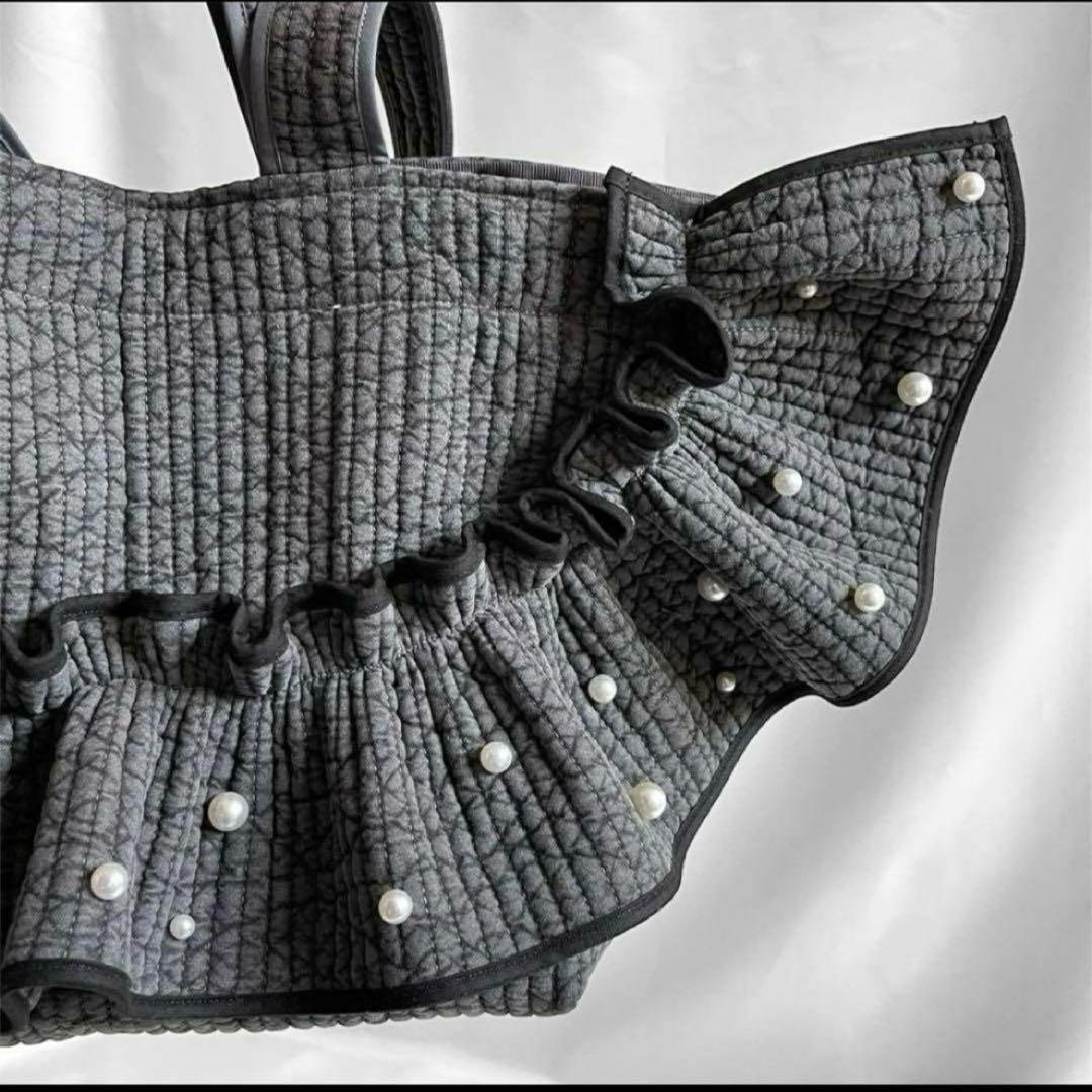 新作♡ヌビバッグ　フリルギャザー　ダークグレー×ブラック　パール　底板マグネット