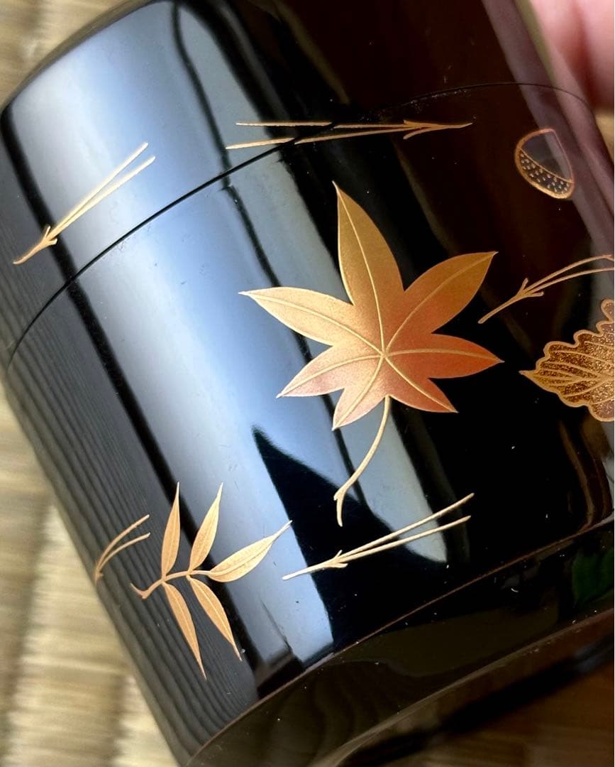 蒔絵師 中村宗尹作 【雪吹】「吹寄」棗 薄茶器 黒漆 金蒔絵 螺鈿 茶道具 共箱