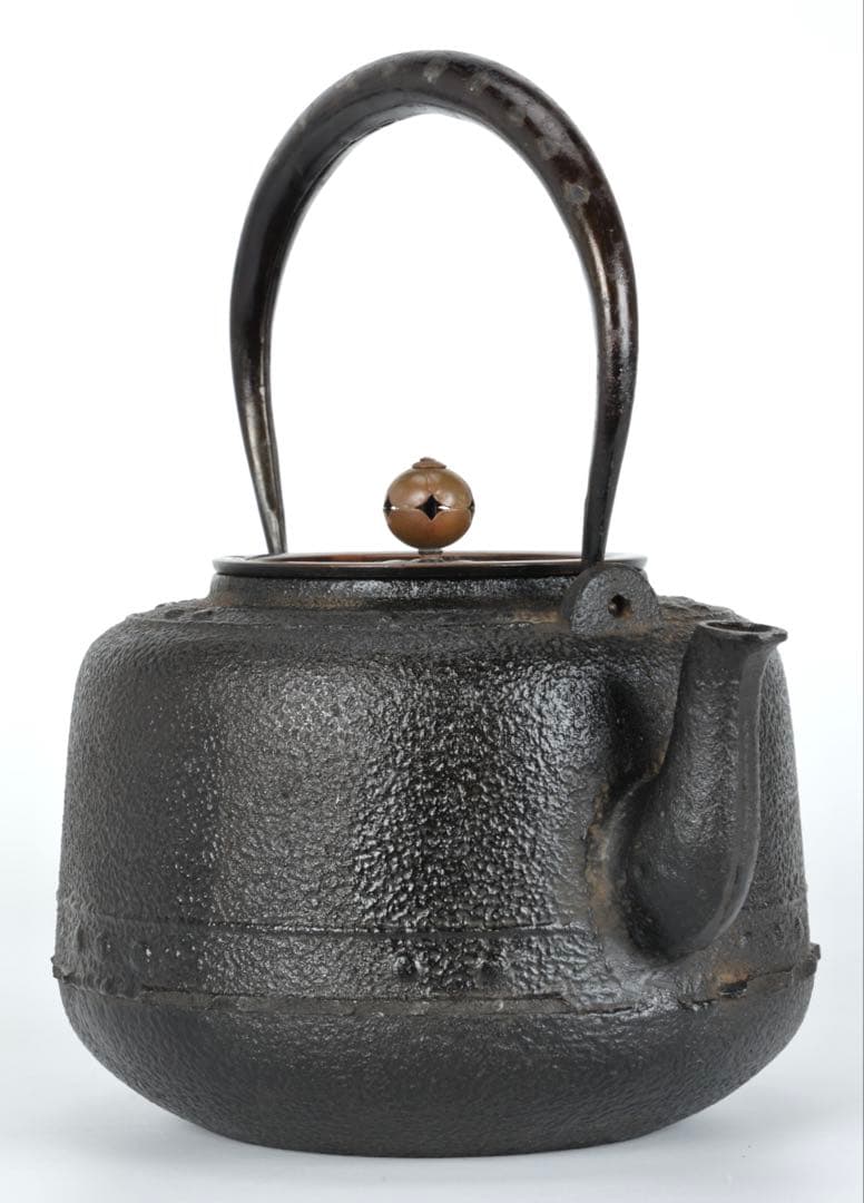 【時代鉄瓶】班柴銅蓋 累座紋 萬代屋形鉄瓶 茶道具 湯沸 古鉄瓶 古美術 骨董品