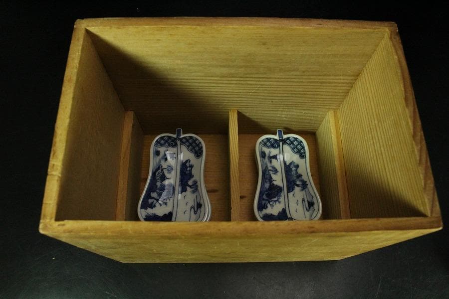 三浦竹泉作 青花山水 団扇形 皿 揃い 大小五客(K-XA885)