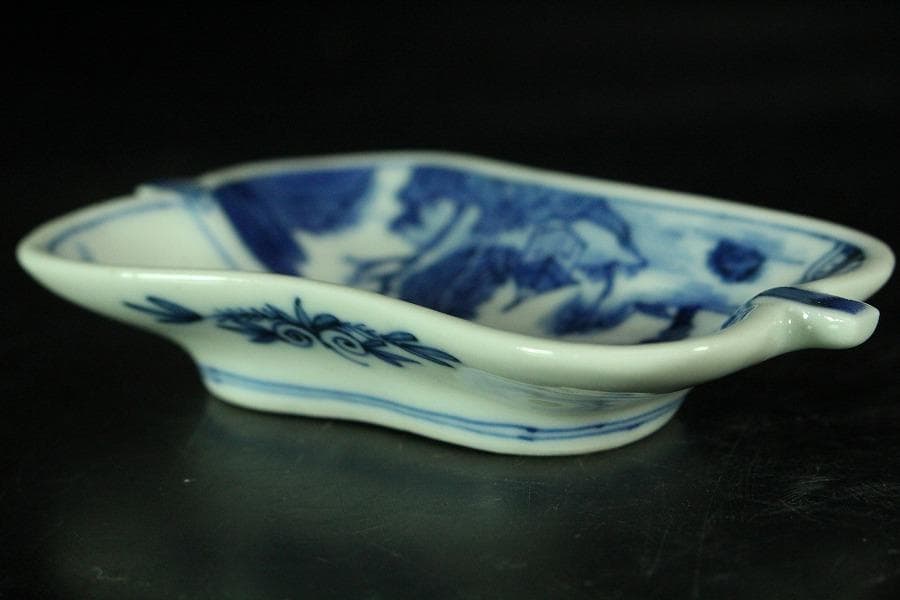 三浦竹泉作 青花山水 団扇形 皿 揃い 大小五客(K-XA885)