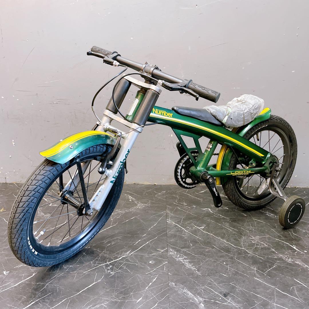 【918】バイク風子供車 Number グリーン 補助輪付き