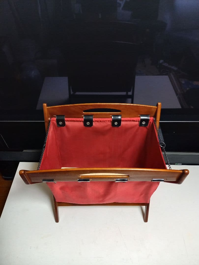 1970's　カリモク　ウッド　レッド　ファブリック　モダン　バスケット