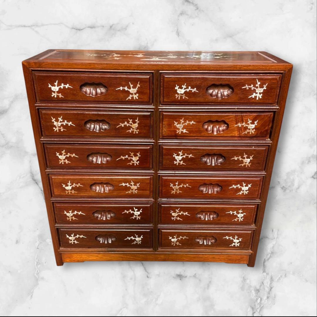 花梨材 棚 漆塗り 螺鈿細工 引出し付 収納家具