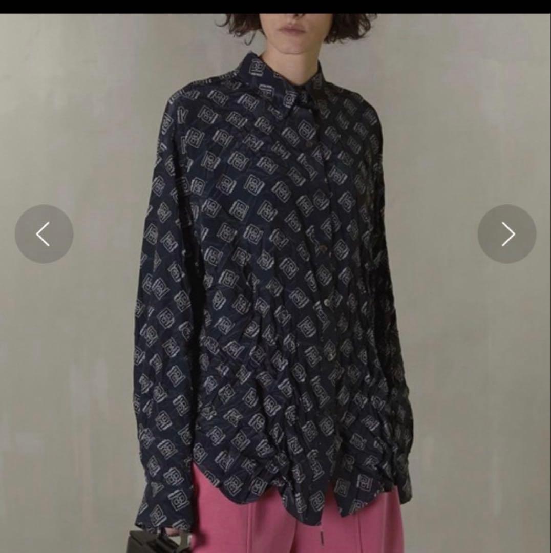 プランクプロジェクト　モノグラムプリントシャツ　ブラック シワ加工