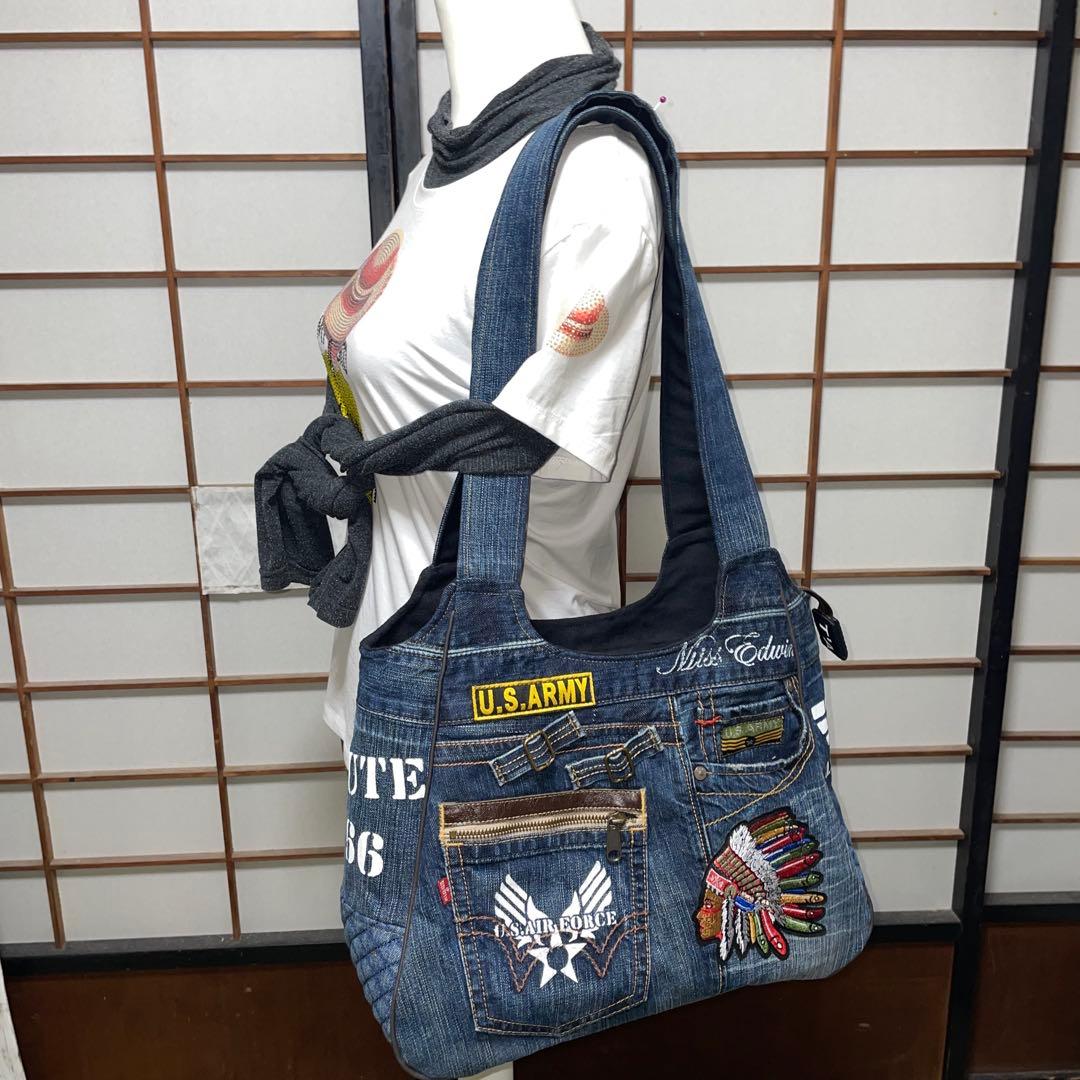 No. 505 デニムリメイクバッグ　トートバッグ　インディアン　ルート66