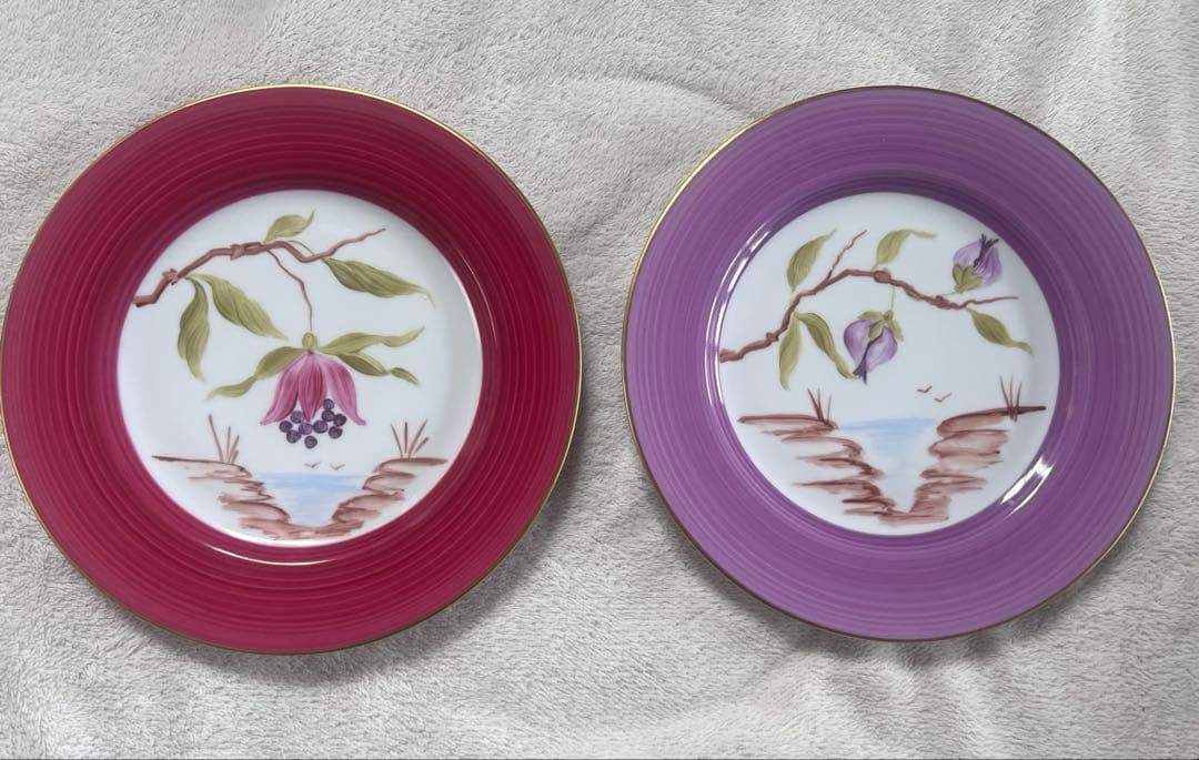MarieDaageリモージュ　デザートプレート　パープルピンク　ボタニカル柄
